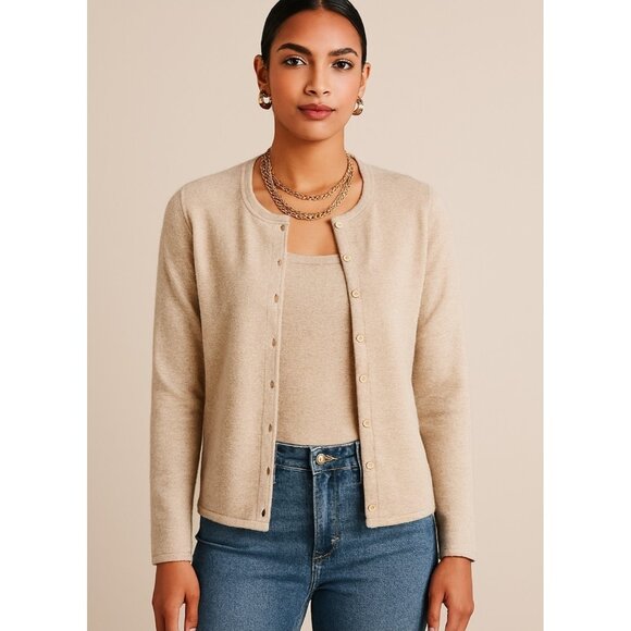 Ann Taylor M  Beige 2-Ply Cashmere Cardigan Twinset Shell Top - Picture 1 of 11